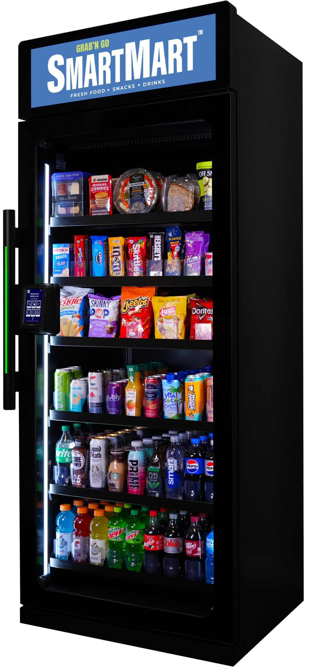 The AI micro-store cabinet Sykes Vending installs — glass front, lit shelves of fresh food and drinks, and a contactless tap terminal